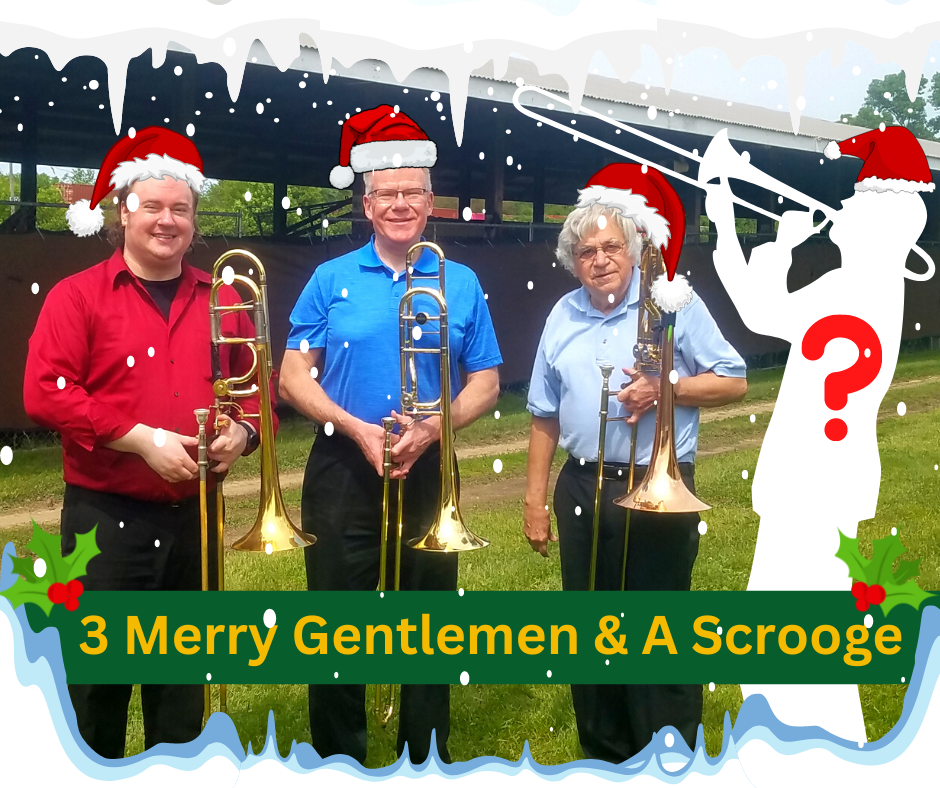 three men wearing Santa hats holding trombones and a mystery character wearing a Santa hat playing a trombone